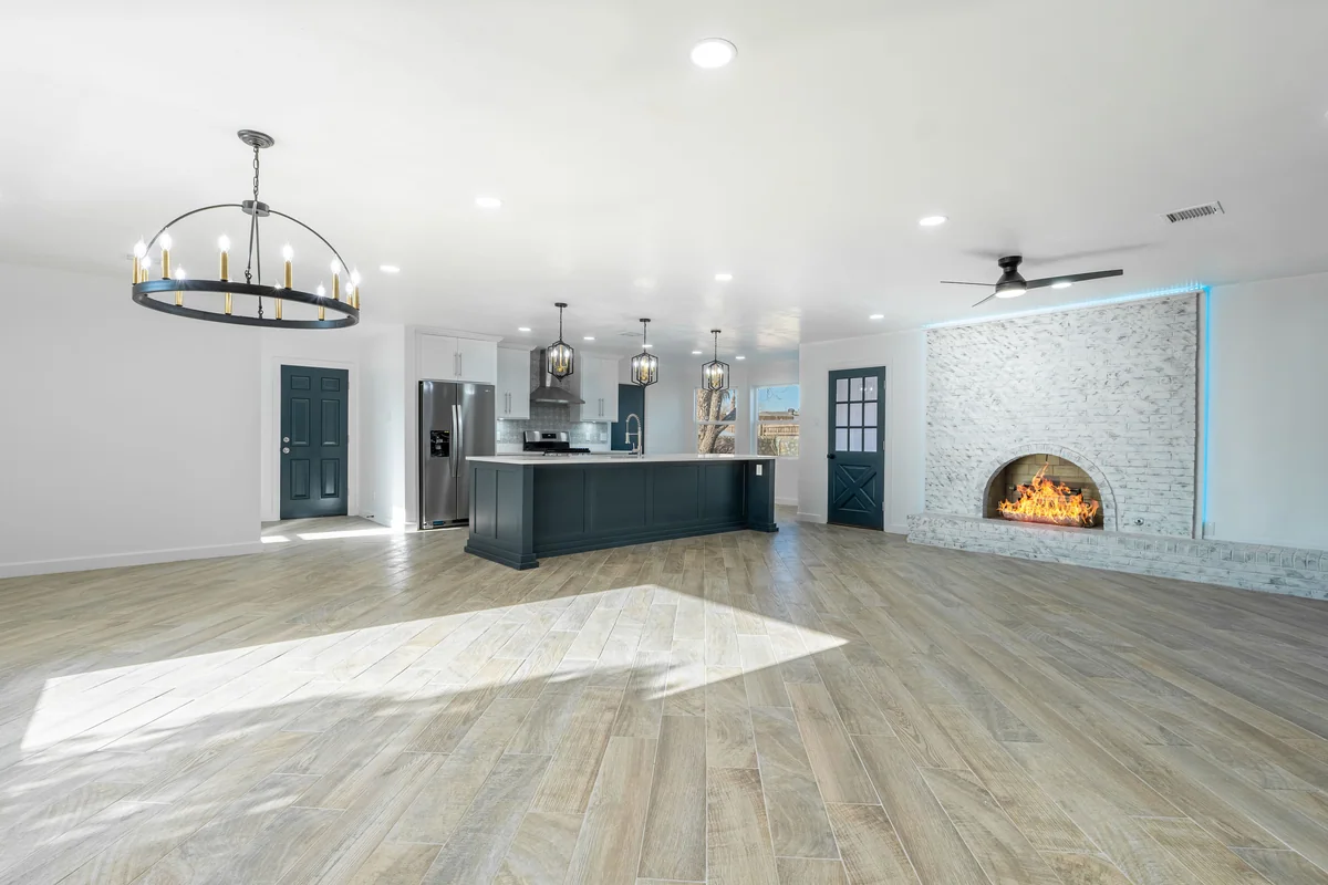 Blue Horizon kitchen with blue island, white cabinetry, view 4
