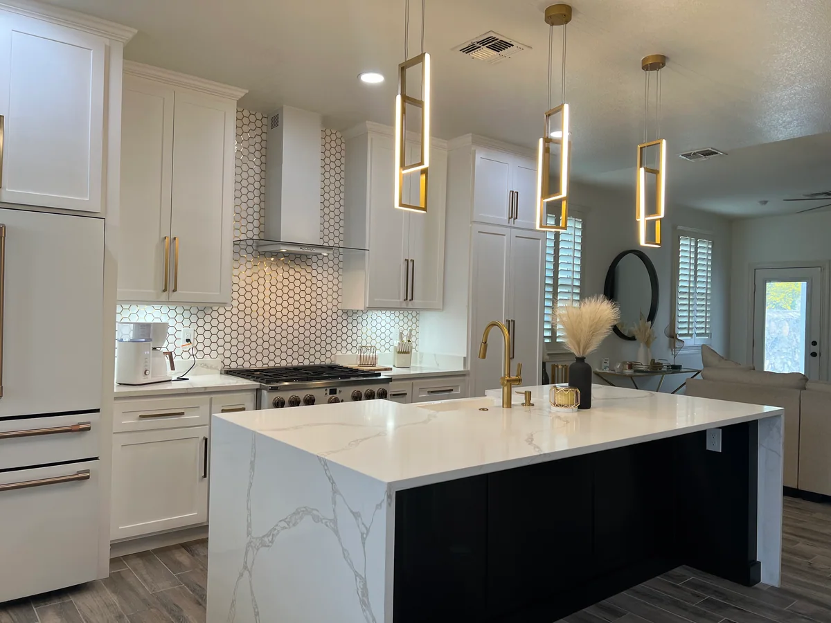 Clean Lines kitchen with light cabinetry, waterfall island, view 1