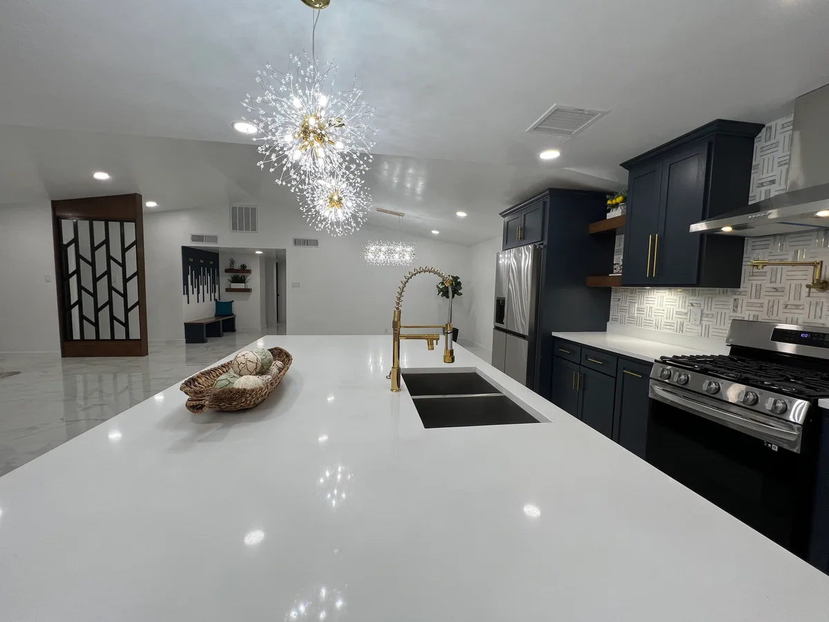 Midnight & Timber kitchen with deep blue cabinetry, wood island, view 4