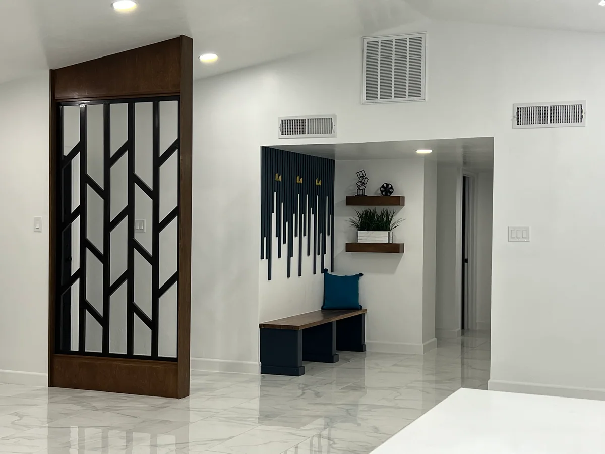 Custom entryway bench, hooks, and wood screen