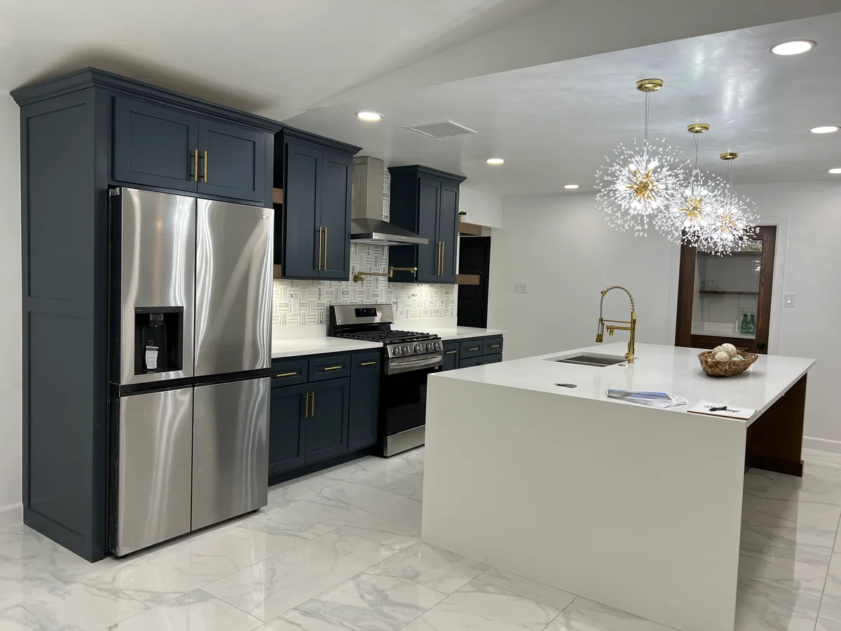 Midnight & Timber kitchen with deep blue cabinetry, wood island, view 5