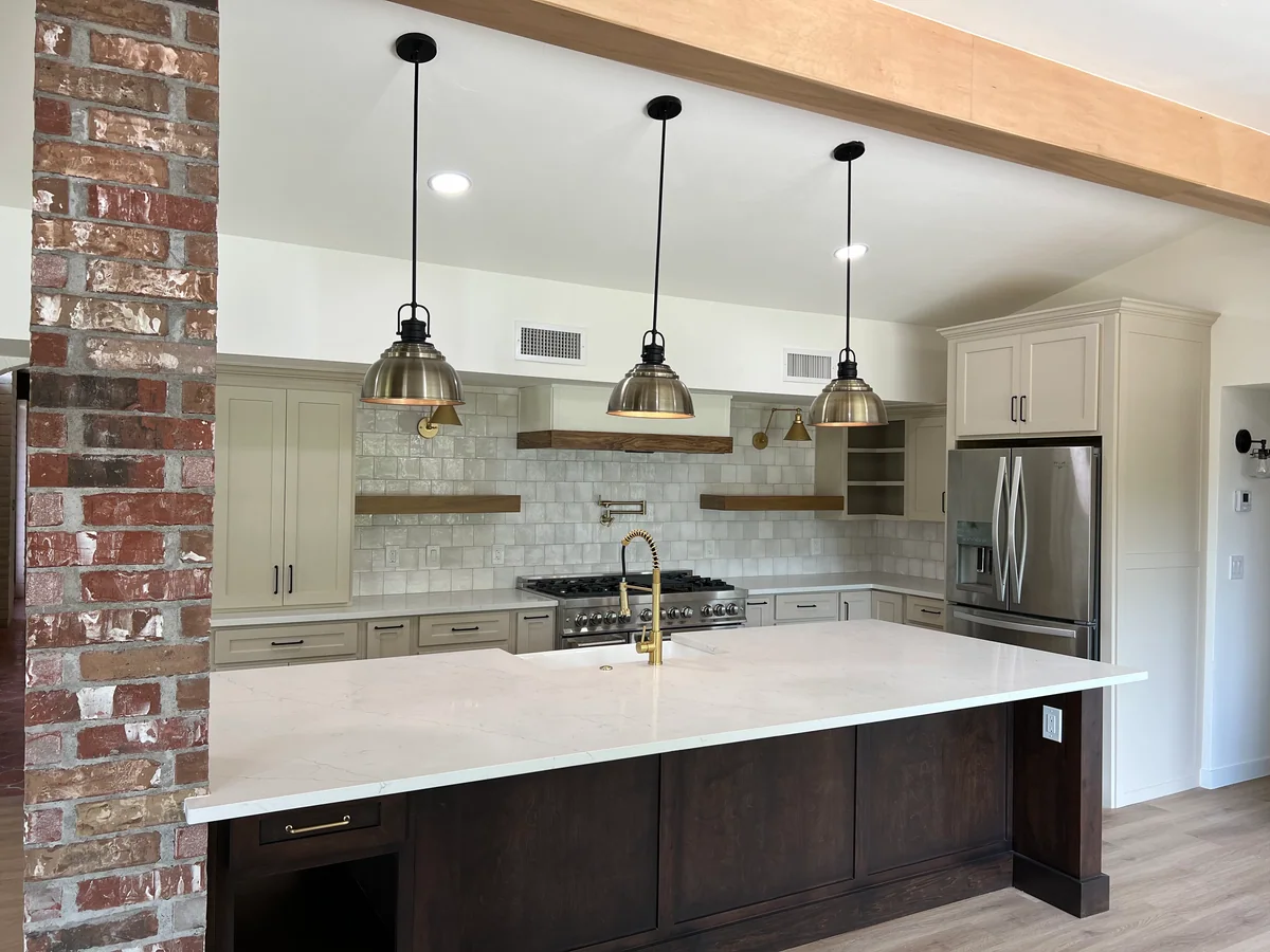 Rustic Charm kitchen with dark wood island, open shelves, view 1