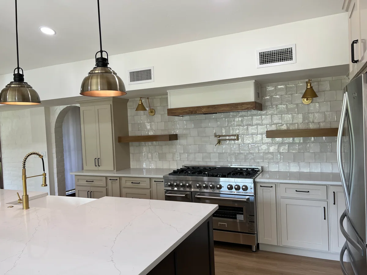 Rustic Charm kitchen with dark wood island, open shelves, view 4