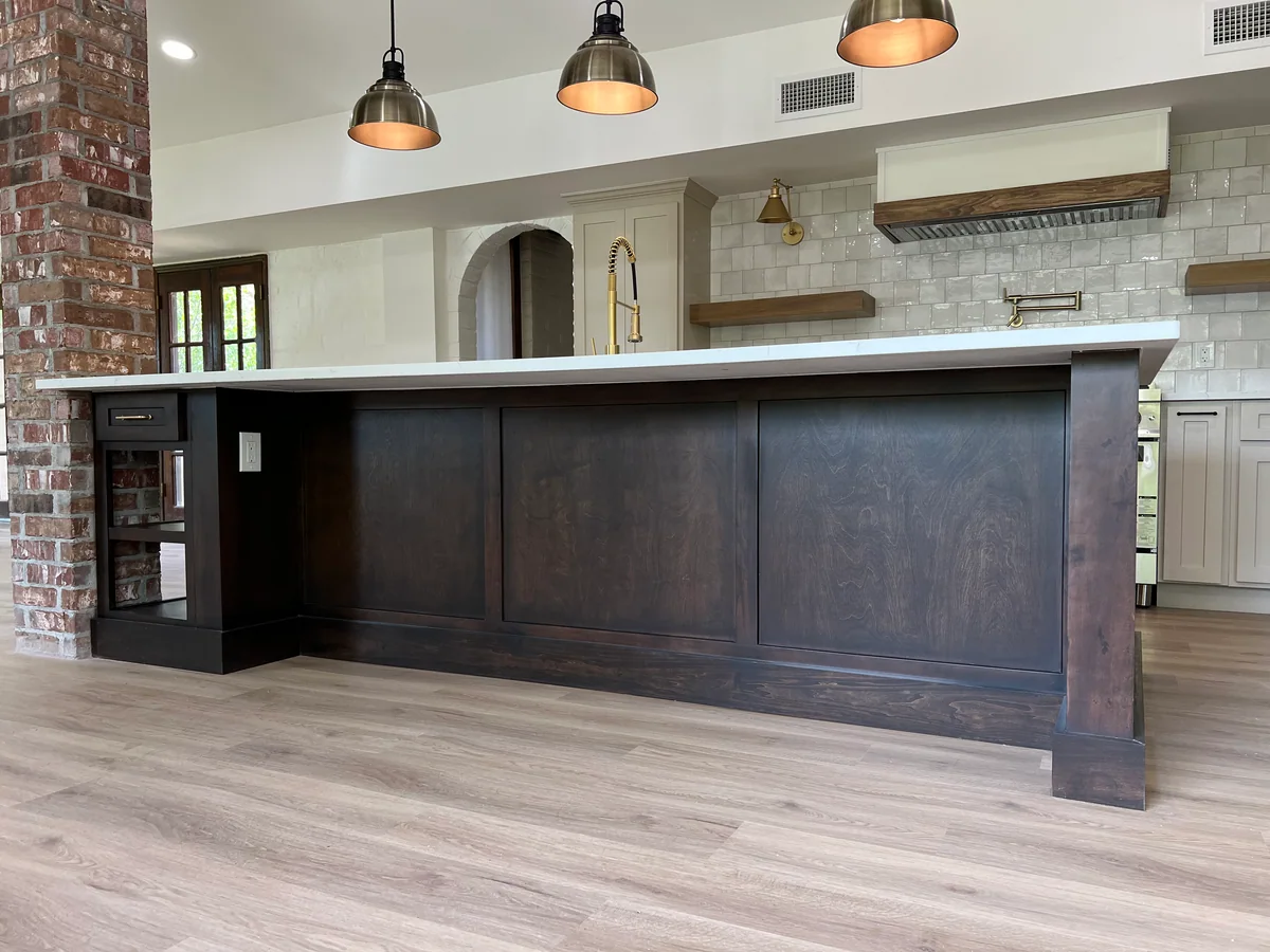 Rustic Charm kitchen with dark wood island, open shelves, view 5