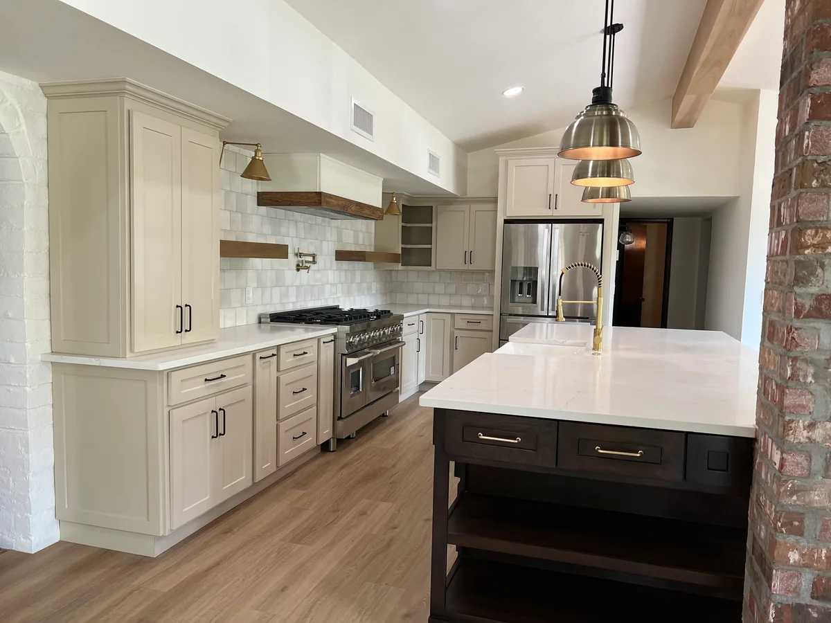 Rustic Charm kitchen with dark wood island, open shelves, view 3