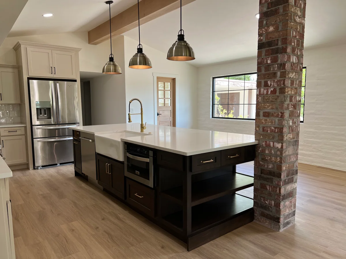 Rustic Charm kitchen with dark wood island, open shelves, view 2