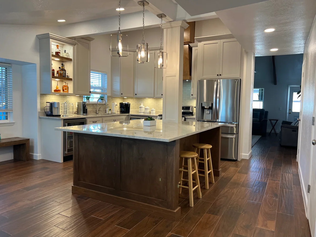 Warm Harmony kitchen with two-tone cabinetry, wood island, view 5