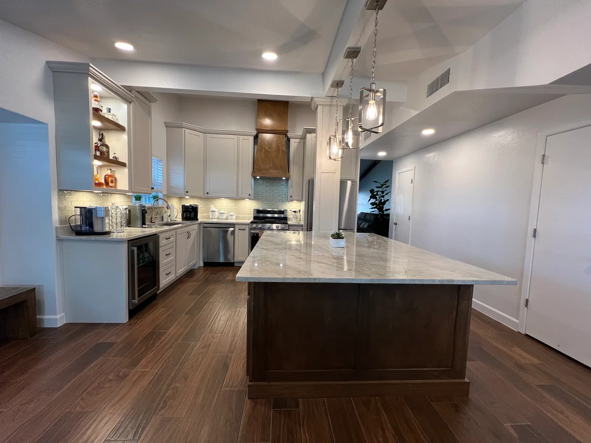 Warm Harmony kitchen with two-tone cabinetry, wood island, view 2