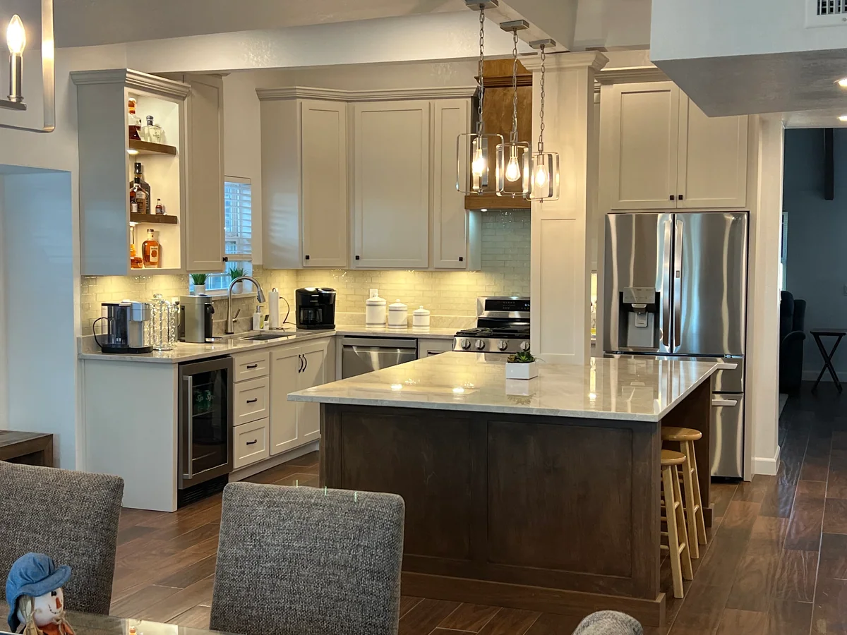 Warm Harmony kitchen with two-tone cabinetry, wood island, view 4
